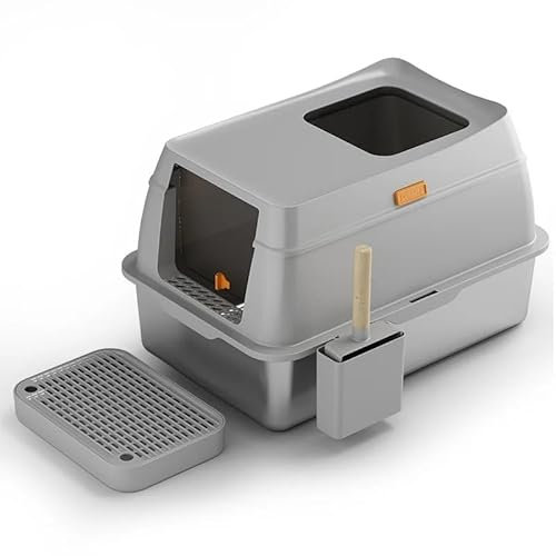 BingoPaw Lettiera Acciaio Inox Chiusa per Gatti: XXL Toilette per Gatti in Acciaio Inox Aperto 3 in 1 per gatti di peso inferiore a 10 kg, 65L con Paletta, Antiaderente, Antiodore, Facile da Pulire