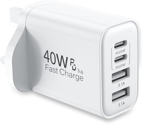 USB C Plug Fast Charge, 40W 4-Port Fast charger Plug, UK Dual Port PD Power Adapter +QC Wall Plug Multiport Mains Type C Phone Charger Plug for iPhone 16 16Pro 16ProMAX 15 14 13 Samsung iPad AirPods