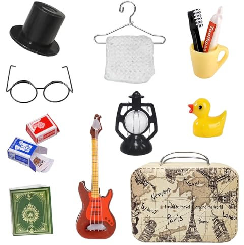 Wichtel Zubehör Weihnachten, 13Pcs Miniatur Wichtel Zubehör für Wichteltür, 1/12 Puppenhaus Zubehör DIY Wichtel Reise Zubehör mit Koffer Zahnbrüste Zahnpasta Bücher Brillen, Miniatur Deko Reisen