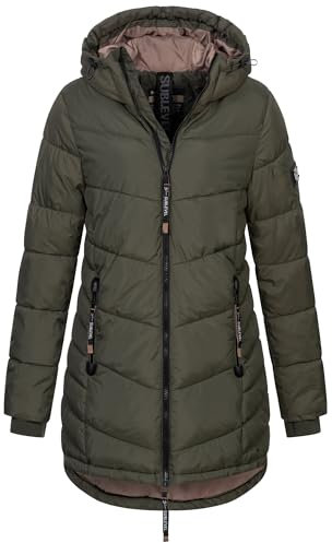Sublevel Damen Winter Jacke Mantel Parka Steppjacke Steppmantel Wintermantel, Farbe:Olive, Größe:XL (42)