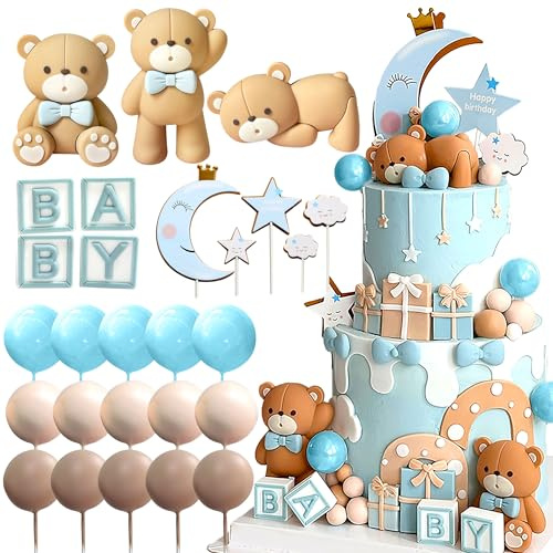 JeVenis Teddybär Tortendeko Taufe Junge Mädchen Jahr Blau Tortendeko | Teddybär Tortendeko Taufe Junge Mädchen 1 Jahr Blau Tortendeko Teddybär Kuchen Dekoration für Hochzeit Geburtstag Party