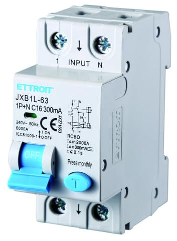 230V 16A C16, INTERRUTTORE MAGNETOTERMICO DIFFERENZIALE SALVAVITA, 1P+N, MONTAGGIO SU BARRA DIN, 2 MODULI, 300mA, 6KA 6000A, RCBO, 240VAC