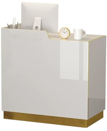 HOLGVE Empfangstheke mit Tresen, Empfangstresen, Stehtisch mit abschließbaren Schubladen, platzsparender Kassentisch for den Einzelhandel(White+Gold-R,60xcm/23.6)