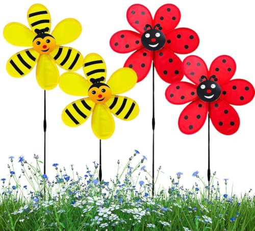 Windrad Garten, 4 Stück Garten Windspinner Vogelabwehr Windmühle Niedliches Windrad Marienkäfer & Bienen Deko Für Gartenlandschaft