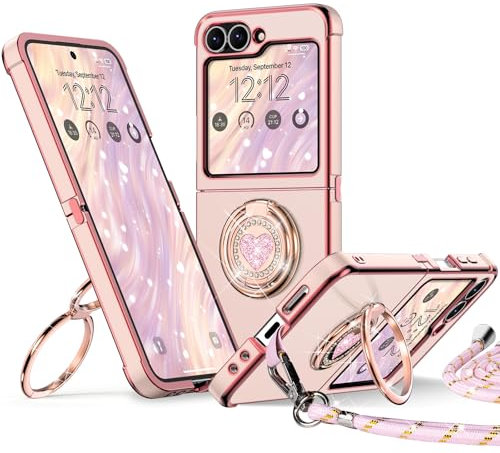 XYZ Cover per Samsung Galaxy Z Flip 5 / Flip 6, con Supporto ad Anello Doppio Cuore, con Cordino per Ragazze e Donne, Cover Protettiva di Lusso Simpatica e Scintillante, Rosa