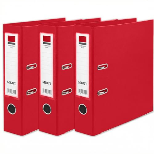 MKGT A4 Lever Arch File 75mm Spine – Heavy Duty Metal Lever Arch Mechanism, Strong Ring Binder Folder with Thumb Hole & Spine Label for Office, School & Home Filing (Red, Pack of 3)