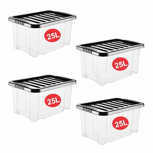 RelianceUK 4 X 25L Plastic Storage Box with Black Lid - Strong Stackable Storage Boxes 25 Litres - Home, Office, Kitchen, Nestable Storage Containers | Made in UK (25 Litre / 4 Pack)