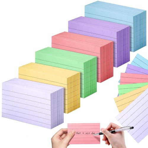 1200 Blatt Karteikarten A8, 5.2 x 7.4cm Karteikarten, 150g/m² Dicke Papier | Vorderseite Liniert + Rückseite Leer, Lernkarten für Englisch Vokabeln, Formeln ＆ Notizen (6 Farben, 200 Blatt Jeder Farbe)