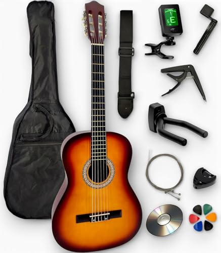 AMROVA - Pack Guitare Classique Enfant 3/4 Droitier (8-12 ans) + 10 Accessoires + CD & Cours Vidéo – Cordes Nylon, Livrée Accordée – Prime 24h (Sunburst, 3/4, Droit)