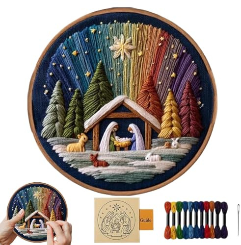 Krippen-Stickset – Komplettes Set Weihnachtskrippen mit Fäden und Nadel für Anfänger | Kreatives Geschenk für Frauen und Mädchen, Kunstbegeisterte, Weihnachten, Geburtstage, Zuhause, DIY-Projekte, Rei
