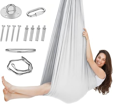 Aerial Yoga hängmatta set, boggunga, Aerial Yoga Swing Air fluga, inomhusgunga 200 kg Max, yogagunga hammock swing med karbinhake, fastsättning, naglar och tillbehör (150 x 280 cm, grå)