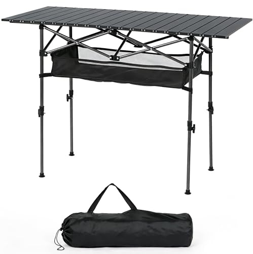 AuraCraft Campingtisch Klappbar 120 x 55cm, Klapptisch Höhenverstellbar(50/80cm), Tischplatte Aufrollbar, Tragbar Falttisch, Einfache Montage mit Netztasche für BBQ Camping Party Garten Schwarz