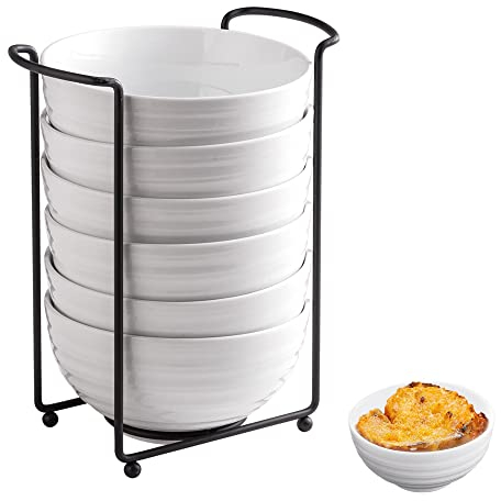 LAUCHUH Stackabel Bowl Set Porcelain Soup Bowls 28 Ounces Cereal Bowl Set with Serving Stand Large Bowl Porcelain Cereal Soup Salad with Bowl Organizer, 6 pack