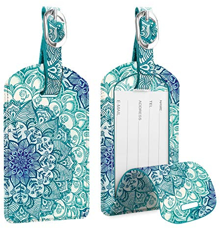 [2 Stück] Fintie Kofferanhänger aus Kunstleder, Gepäckanhänger ID Etikett mit Adressschild Namenschild für Reisetasche Koffer, smaragdblau