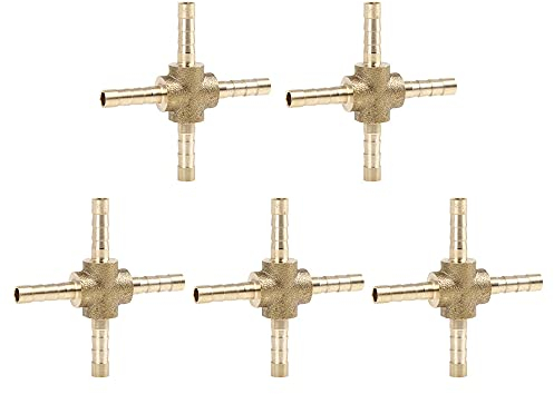sourcing map Raccord Laiton 4mm Raccord Tuyau Cannelé Connecteur Croix 4 Voies Air Eau Huile 5pcs