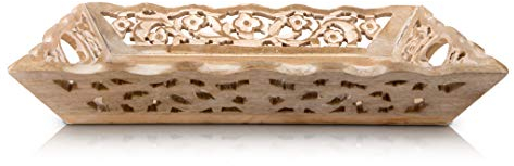 Gorgeous Birthday Housewarming Gift Ideas Handmade Decorative Designer Wood Serving Tray With Handles Ottoman Fruit Coffee Tray Breakfast Snack Food Dining Kitchen Tableware 38.1 x 30.48 cms