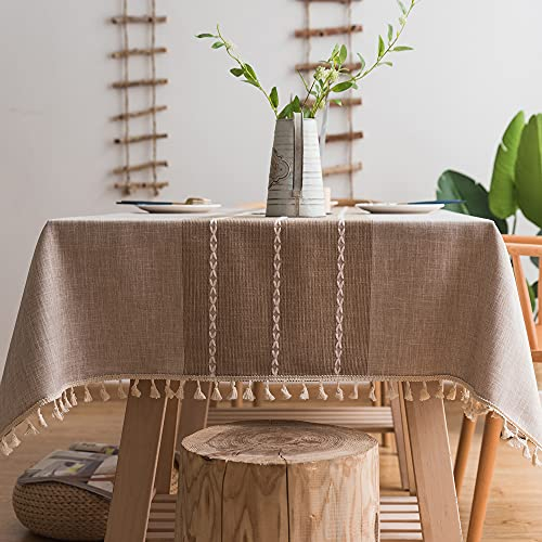 Plenmor Leinen Tischdecke Baumwolle, Leinenoptik Tischdecke Abwaschbar Table Cloth Boho Tischdecke Rechteckig für Küchentisch und Outdoor Tischtuch (Khaki, 180x140cm)