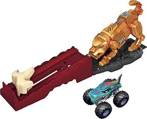 Hot Wheels GYL10 - Monster Trucks Säbelzahntiger Angriff Helden-Spielset (Maßstab 1:64), Die-Cast Mega Wrex Fahrzeug und Starter, Autospielzeug für Kinder ab 3 Jahren