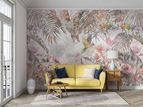 SILK ROAD EU Panoramic Silk Wallpaper, 356 × 250 cm, Parrots in Tropical Jungle Pink, Max Width 12 m, for Living Room, Bedroom, Restaurant, Children's Room Wall Decoration