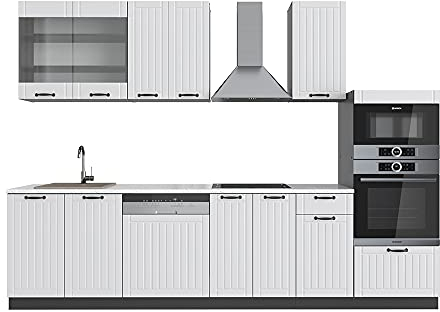 Vicco Küchenzeile Fame-Line, Weiß Landhaus/Anthrazit, 300 cm mit Hochschrank, ohne Arbeitsplatte