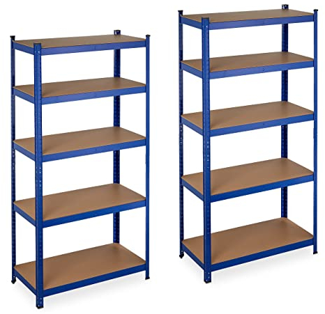 Relaxdays 2 x Schwerlastregal, Traglast 875 kg, 5 Ebenen, zum Stecken, Keller, Garage, Stahl, HxBxT: 180 x 90 x 45 cm, blau