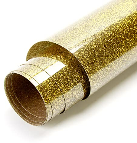 Transfert de Chaleur en Vinyle, Glitter Papier Transfert Rouleau de Vinyle Thermocollant Pailleté Film Holographique DIY pour Vêtements T-Shirt Textile Logos,100cmx30cm (Or)