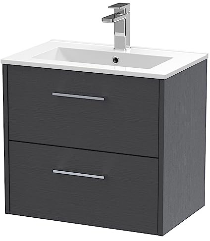 Hudson Reed JNU2224B Juno Modern Bathroom Wall Hung 2-Drawer Vanity with Minimalist Ceramic Basin, 600mm, Woodgrain Graphite Grey