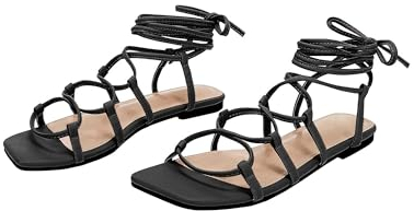 PiePieBuy Flache Damensandalen mit Knöchelriemen, quadratischer Zehenbereich, Gladiator-Schuhe, 1-schwarz, 41 EU
