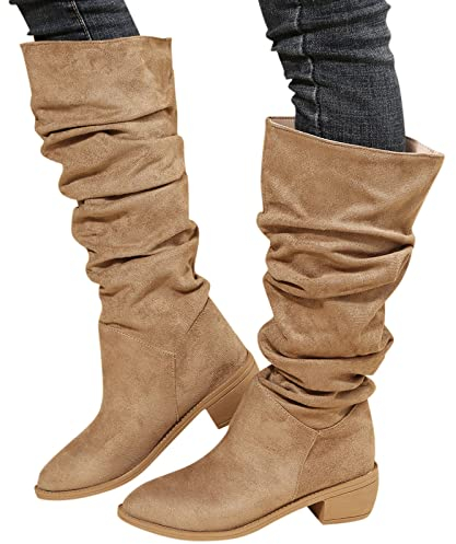 Stivali Donna Invernali Caldo Sexy Elasticizzati Stivali Cowboy Vintage Pelle Curvy Stivali Alti Stivaletti con Tacco Sopra il Ginocchio Camoscio Anfibi Western Boots Larghi Morbidi