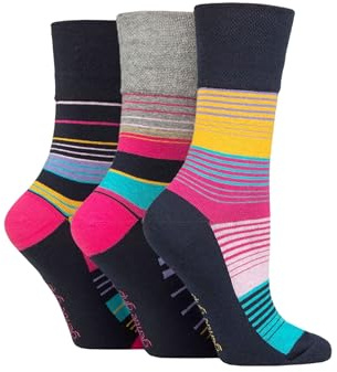SockShop Womens Gentle Grip Colourburst Socks – 3 Pair Pack Soft Cotton Colourful Diabetic Friendly Comfortable Fit Everyday Casual Footwear, UK Size 4-8 Stripey Vibes