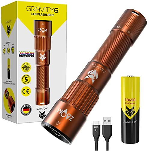 AMAFOX G6 - XENON Megabeam Hochleistungs- LED Taschenlampe Aufladbar - Bronze - Extrem Hell | Taktische Taschenlampe led mit USB C & 18650 Akku