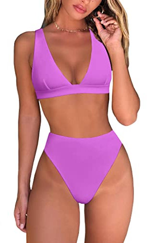 fatty tiger Bikini da Donna a Vita Alta con Perizoma Sexy Brasiliano Triangolo Superiore Profondo Scollo a V in Due Pezzi Costumi da Bagno, Viola, S