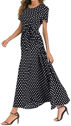 Maxi Dresses for Women UK Clearance Polka Dot Short Sleeve Summer Dresses with Belt Evening Party Holiday Elegant Ladies Wedding Guest Dress Beach Boho Hawaiian Dress Sundress Long Dresses