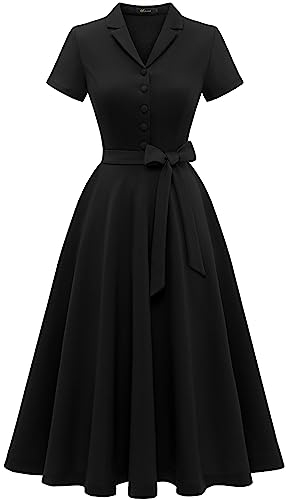 WedTrend Tea Party Dress for Women Bowknot Modest Work Midi Length Dress Vintage Cocktail Dress with Sleeves Classy Funeral Outfits WTP30001BlackXS