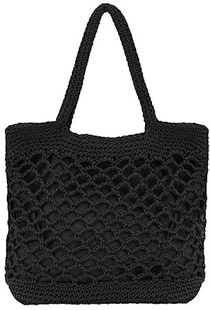 Ynport Crefreak Borsa a Tracolla Grande in Maglia di Cotone all'uncinetto da Donna Borsa a Tracolla in Maglia Borsa a Rete da Viaggio Borsa a Rete con Manico Superiore,Nero