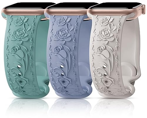 3 Stück Floral Gravierte Armband Kompatibel mit Apple Watch Band 40mm 41mm 38mm 42mm 44mm 45mm 49mm, Silikon Rose Ersatzarmband Kompatibel mit iWatch Armband Se Ultra 9 8 7 6 5 4 3 2 1 38SBG
