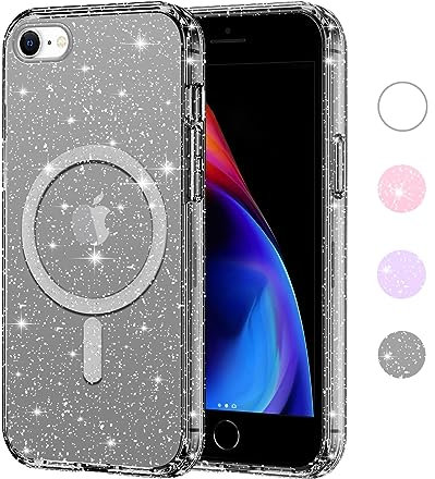 Yoedge Transparent Glitzer Magnetische Handyhülle [kompatibel mit Mag Safe] für iPhone 8/7/ SE 2022/ SE 2020 Hülle 4,7, Sparkle Schutzhülle Built in Magnet Soft TPU Clear Cover für SE 3 Schwarz Case