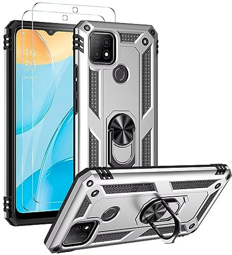 FMPCUON for iPhone 5S Case and 2 Tempered Glass Screen Protector,Ring Holder Shockproof Tough Protective Silicone TPU Armour Phone Cover, Silvery