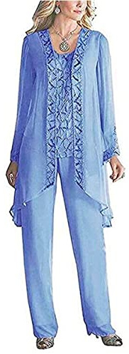 Women's 3 Pieces Chiffon Dress Mother of The Bride Pants Suits with Beaded Jacket Wedding Outfit Evening Gown Light Blue UK30