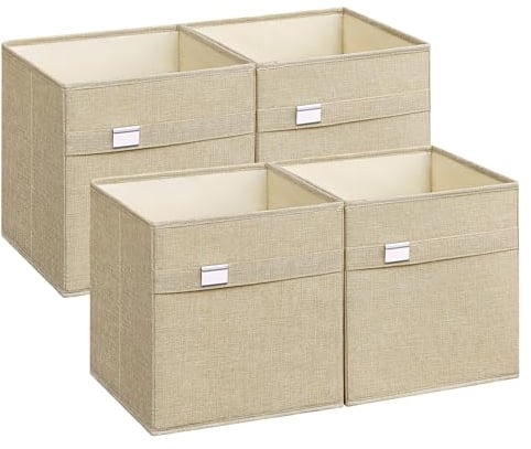 SONGMICS Aufbewahrungsbox, 4er Set, Ordnungsboxen, 30 x 30 x 30 cm, 2 Griffe, faltbar, Oxford-Gewebe, Leinenimitat, pflegeleicht, Metall-Etikettenhalter, für Würfelregal, sandbeige ROB230Y04