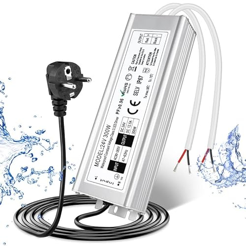 LED Trafo 24V 300W IP67, Outdoor Wasserdicht Transformator mit Stecker, LED Netzteil Treiber 230V auf DC 24 Volt Adapter, LED Driver Außen für LED-Streifen Lampen Strahler Lichtbänder