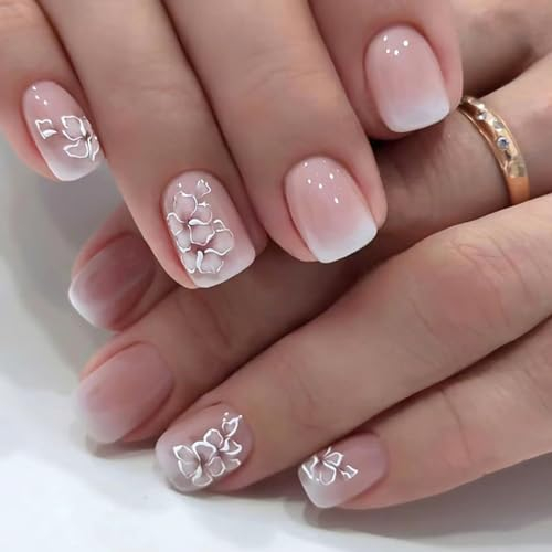 SINLOV Faux ongles courts en forme de fleur française rose nude carré dégradé - Faux ongles brillants à presser en acrylique - Couvrance complète - Pour femmes et filles