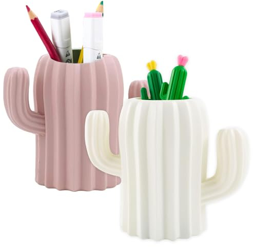 YANJINGHE 2 Pièces Porte Stylo de Bureau, Porte Pot Organisateur, Pot a Pinceau de Maquillage, Créatif Drôle Forme de Cactus Pot à Crayons pour Bureau, Fournitures de Bureau, Coiffeuse (Blanc, Rose)