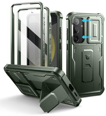 Dexnor per Cover Samsung Galaxy S24 Plus con Copertura integrata della fotocamera scorrevole & Protezione dello schermo & Kickstand, Custodia resistente agli urti Copertura protettiva - Verde Militare