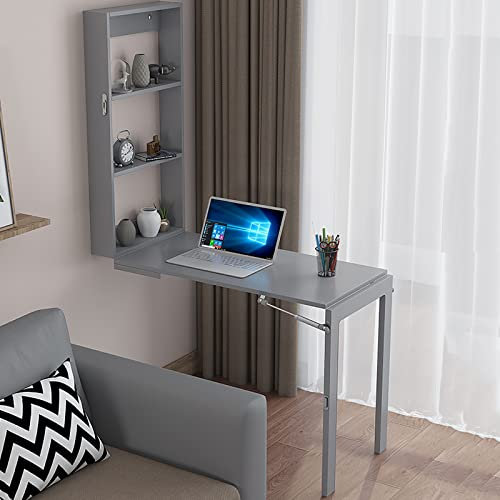 Wall Mounted Desk with Storage Compartments, Space Saving Folding Computer Desk for Office Study and Writing Workstation Freestanding 3 Tier Ladder Shelf Desk, Gray