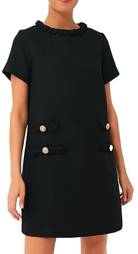 Ladyful Damen-Jackie-Kleid aus Tweed, kurzärmelig, elegant, Rundhalsausschnitt, Business-Party, Vintage-Knöpfe, figurbetontes Mini-Jackie-Kleid, Schwarz, Klein