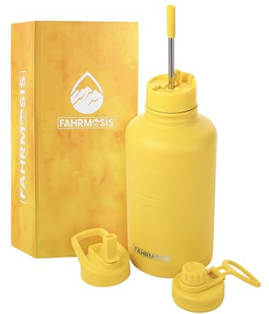 FAHRMOSIS 64 Oz Water Bottle with Straw Stainless Steel Sports Water Bottle with 3 Lids (Straw, Chug and Flip Lid) Leak Proof Metal Half Gallon Jug for Men & Women - Yellow