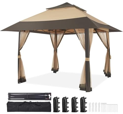 Yaheetech Tonnelle de Jardin avec Toiles Moustiquaires 4 × 4 m Gazebo Abri Soleil Tente Pliante Autoportante pour Patio Piscine Terrasse Fête