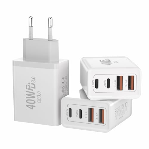 3 Pack Cargador USB C Carga Rápida,40W 4-Puerto Multiple Enchufe Compatible con iPhone 15/14/13/12/11/Pro MAX/XS/XR/8,Samsung Galaxy A14 A15 A33 A34, S24 S23 S22 S21,Note8/9,Cargador Universal Movil