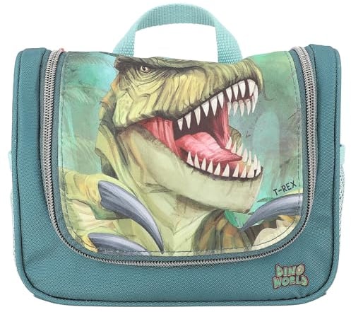 Depesche 12918 Dino World Danger Kulturtasche - Waschtasche in Grün, mit Trex Motiv und Dino Muster, Kulturbeutel mit Reißverschluss und Aufhänger